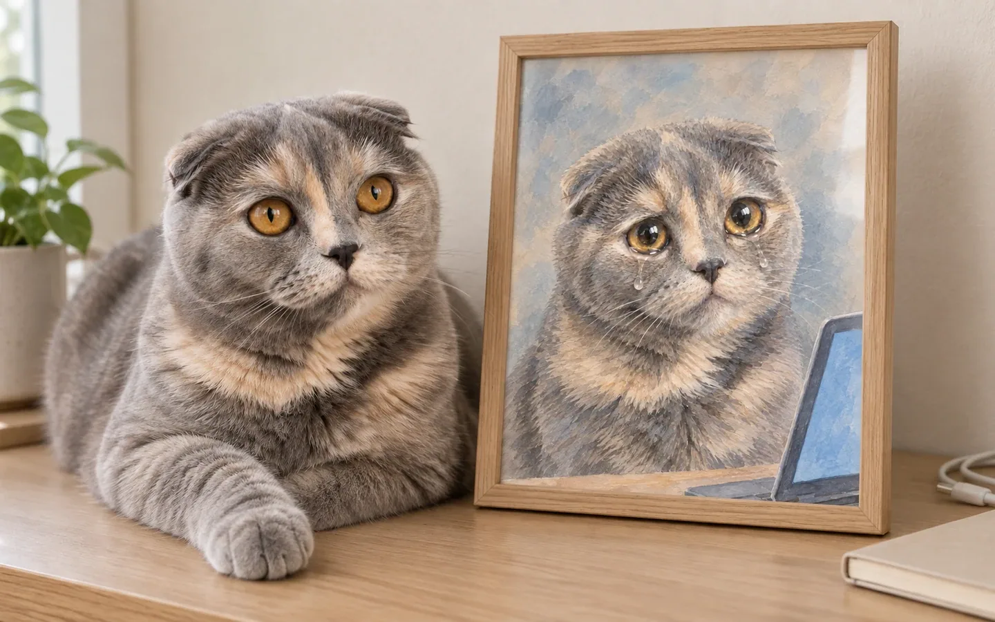 Scottish Fold cat beside its framed portrait in a home display