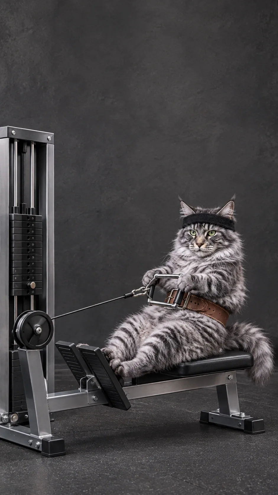 A determined cat pulls the cable handle from a gym bench, paws braced and headband on. of the same silver tabby maine coon