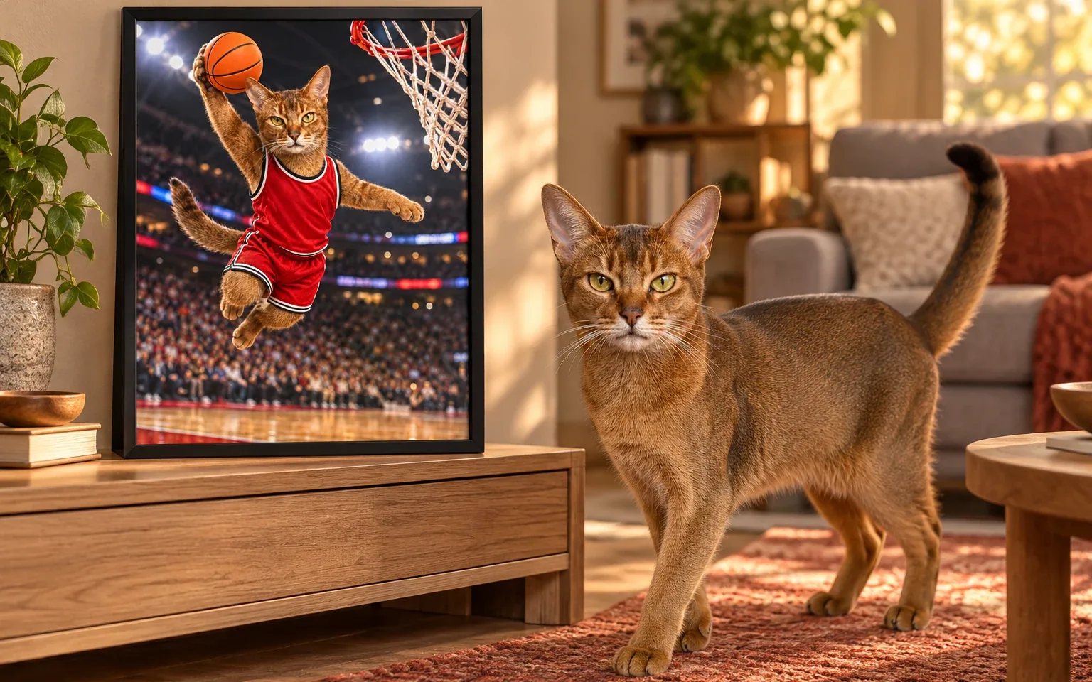 The same ruddy Abyssinian in a natural home pose beside its framed basketball air dunk digital portrait