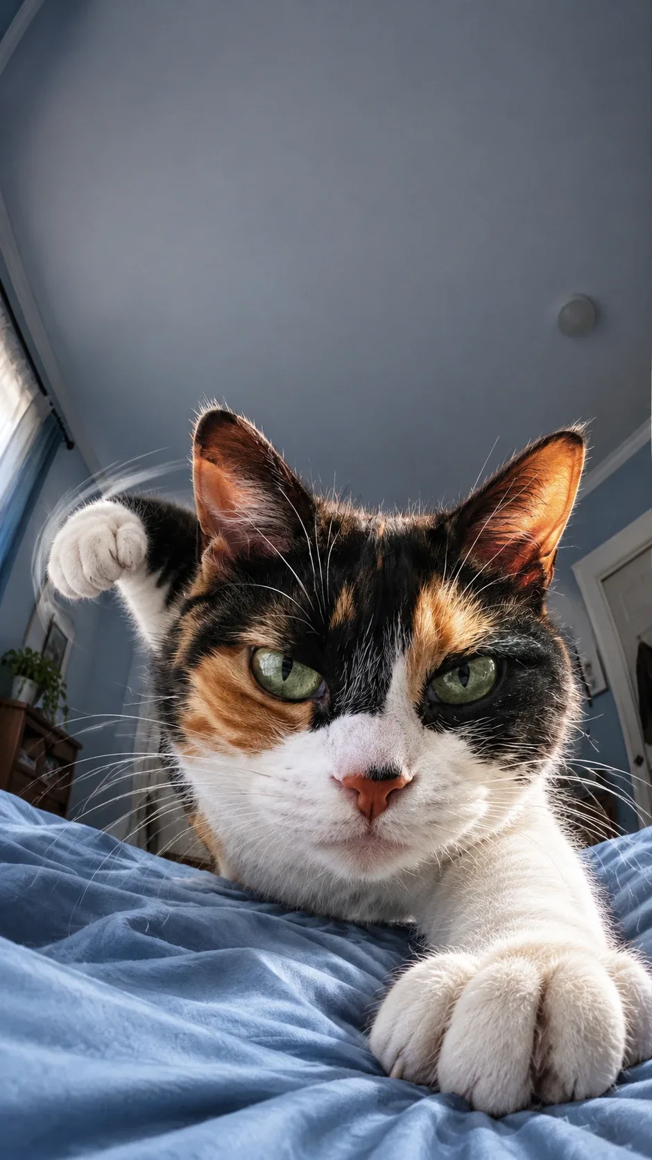 A dramatic fisheye wake-up cat wallpaper with a cocked fist and pinning paw generated from the same cat photo