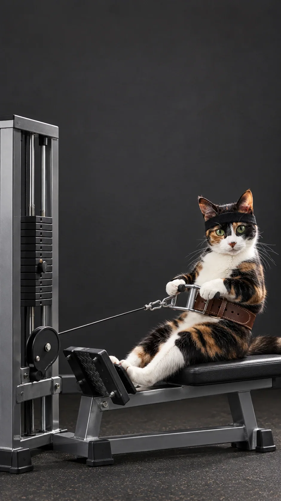 A determined cat pulls the cable handle from a gym bench, paws braced and headband on. of the same calico shorthair