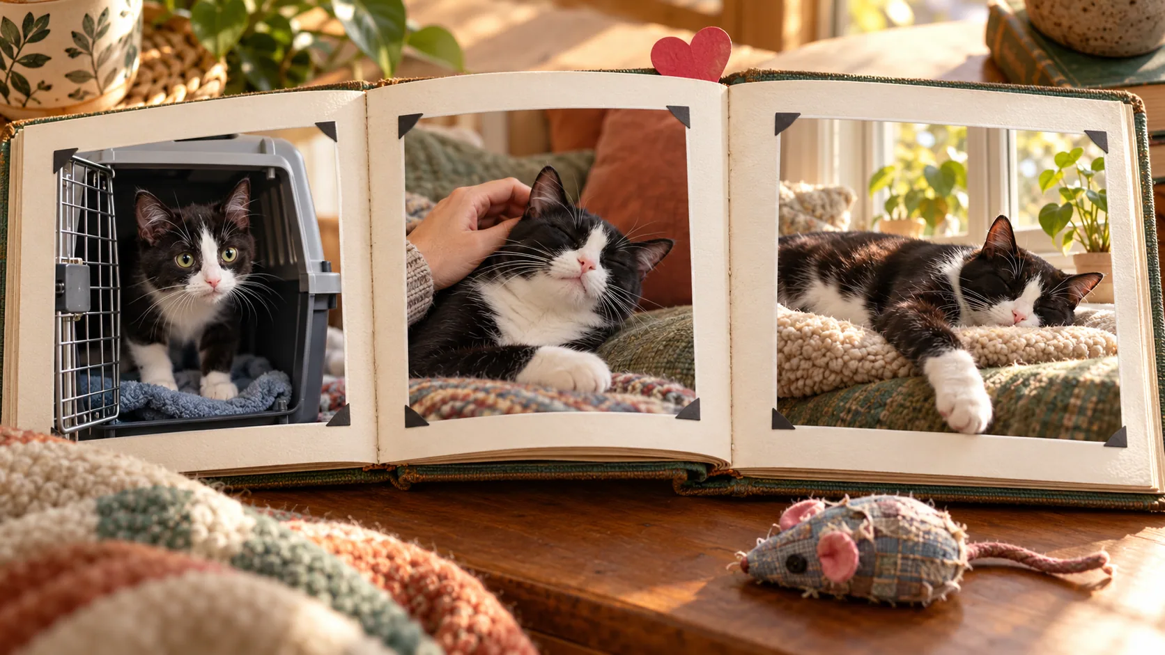 An album illustrates an adopted tuxedo cat arriving in a carrier, receiving affection and relaxing at home.