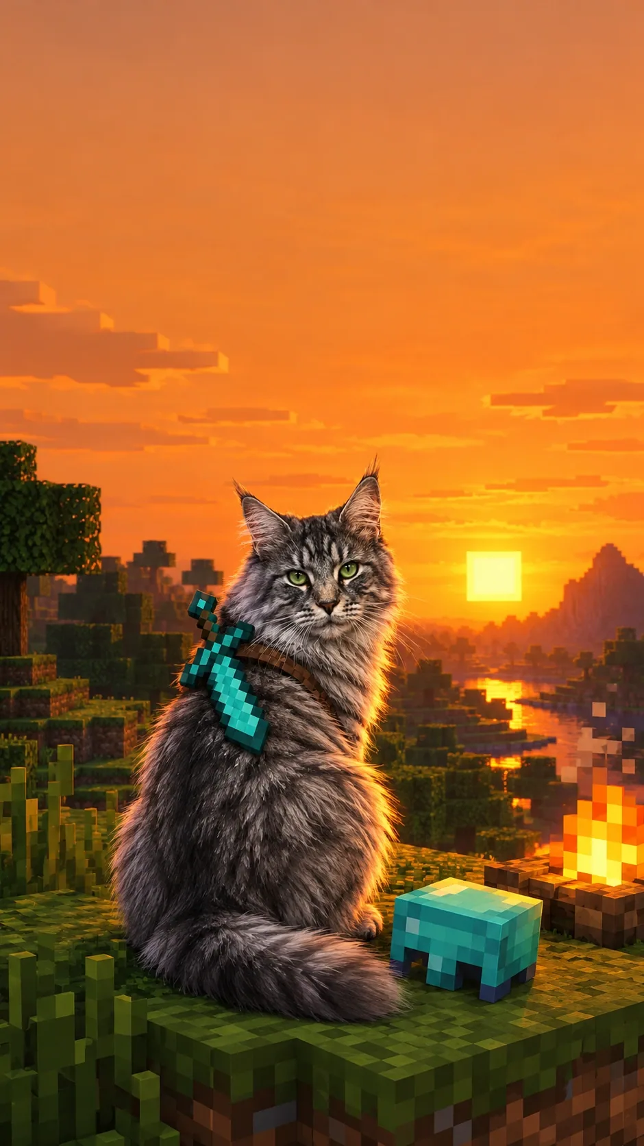 Your naturally furry cat watches a glowing campfire in a block-built sunset landscape. generated from the same cat photo
