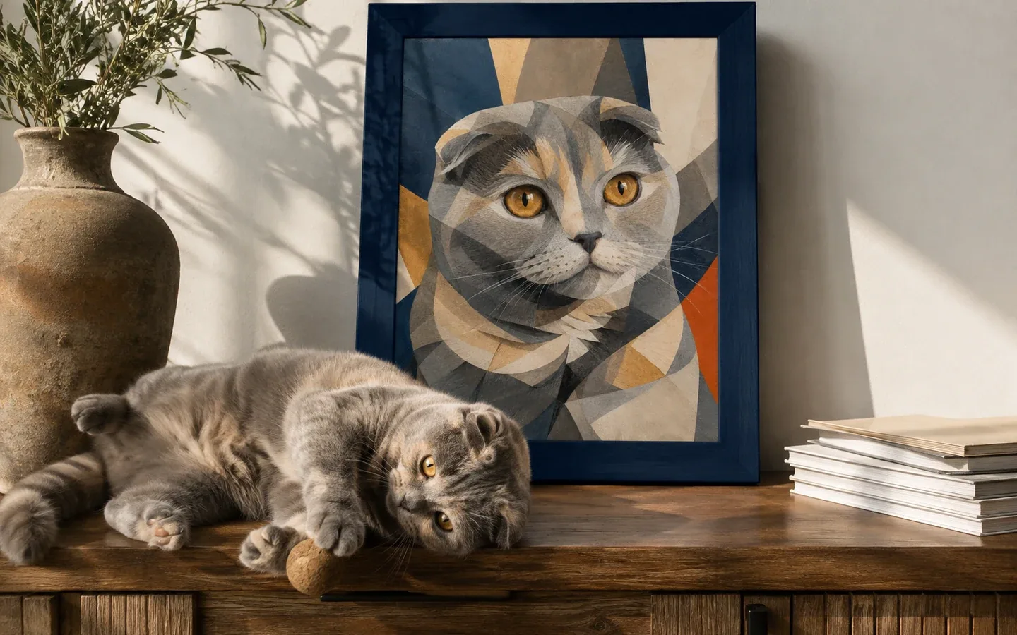 blue-cream Scottish Fold cat beside its framed portrait in a home display