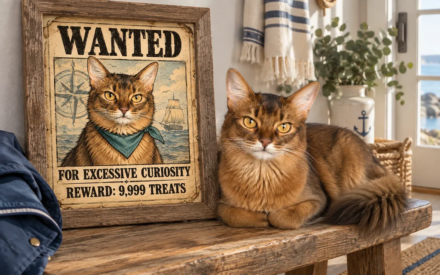 red Somali cat beside its framed portrait in a home display
