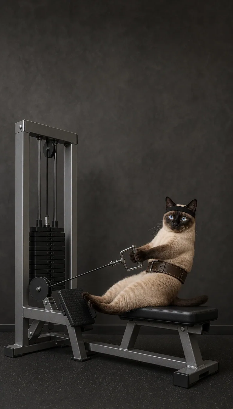 A determined cat pulls the cable handle from a gym bench, paws braced and headband on. generated from the same cat photo