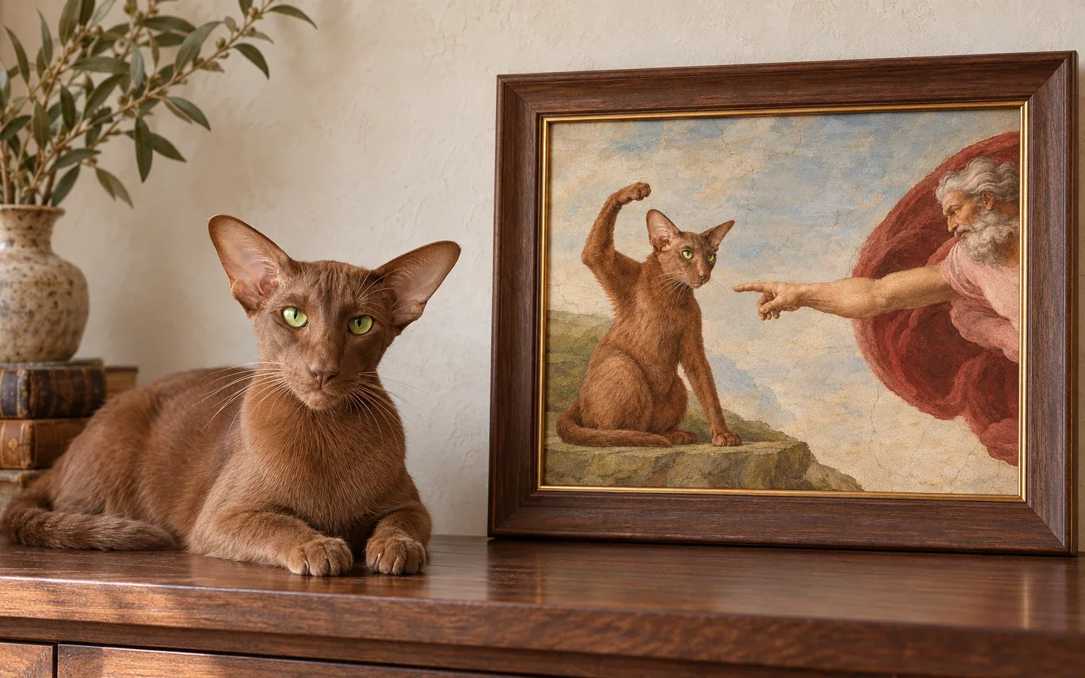 cinnamon Oriental Shorthair cat beside its framed portrait in a home display