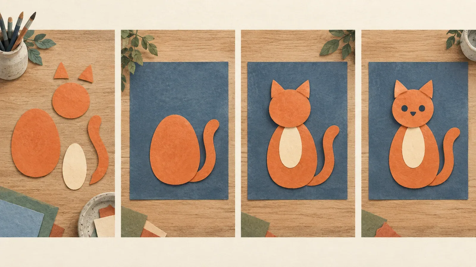Illustrated paper-cat construction from separate pieces through body and tail placement to the finished face.