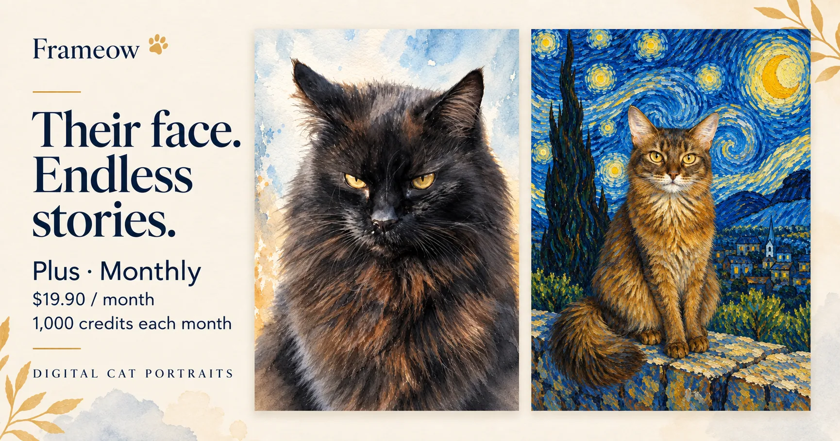 Examples of digital cat portraits included in Frameow Plus