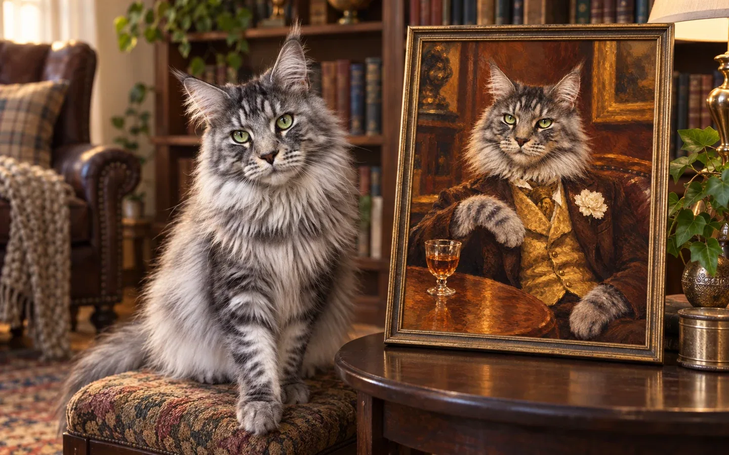maine Coon cat beside its framed portrait in a home display