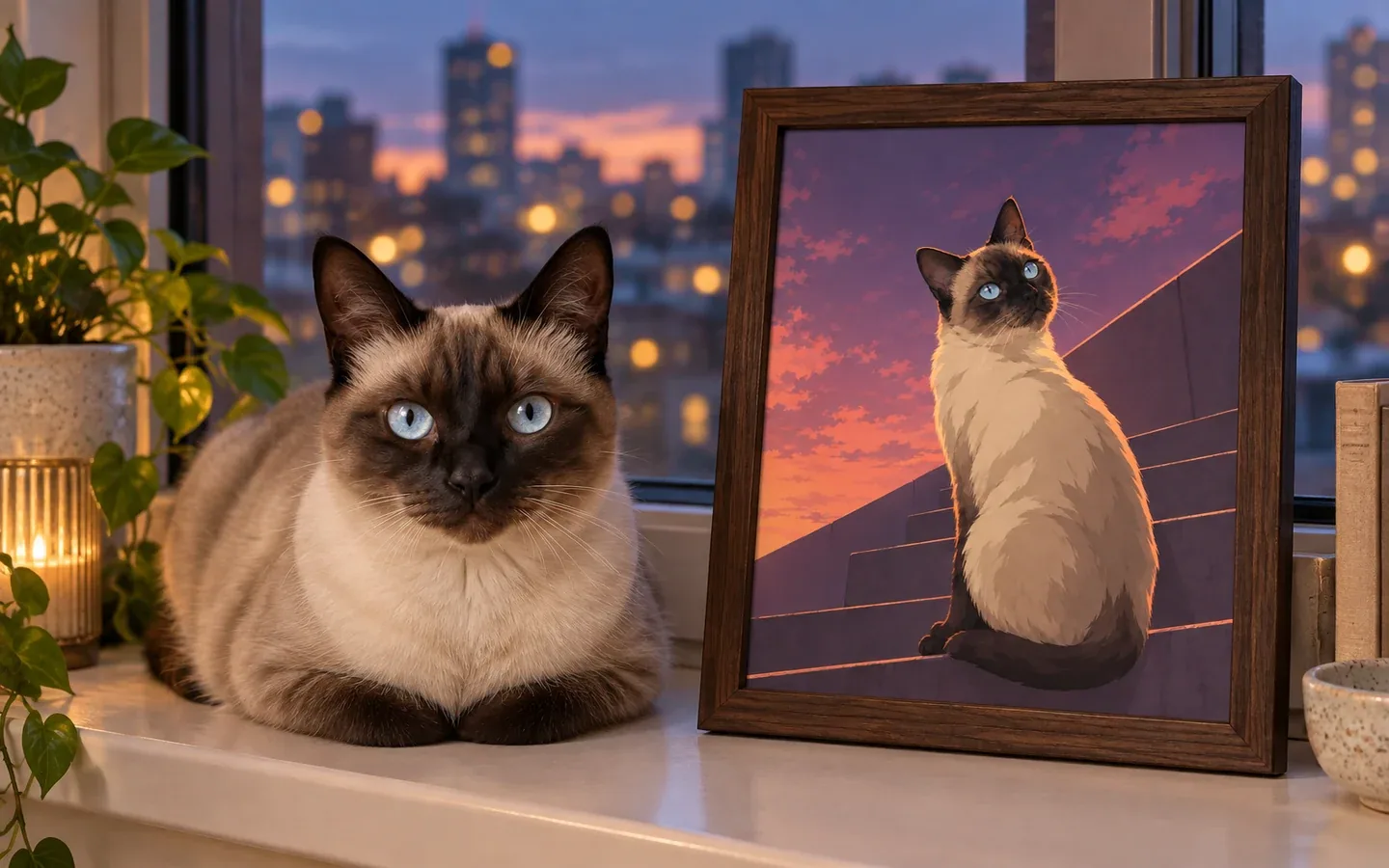 seal-point Siamese cat beside its framed portrait in a home display