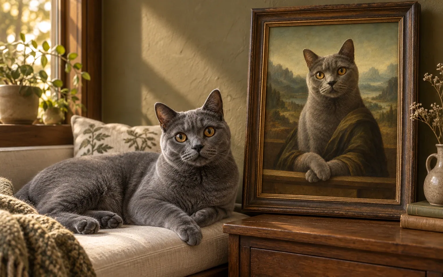 blue-gray Chartreux cat beside its framed portrait in a home display