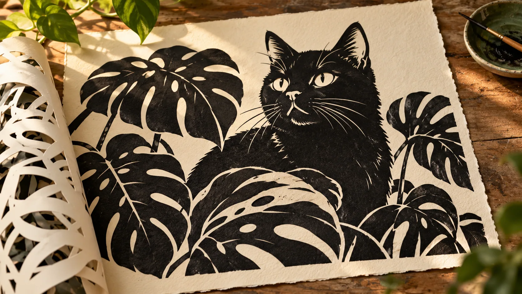 A bold black cat stencil-style print surrounded by monstera leaves