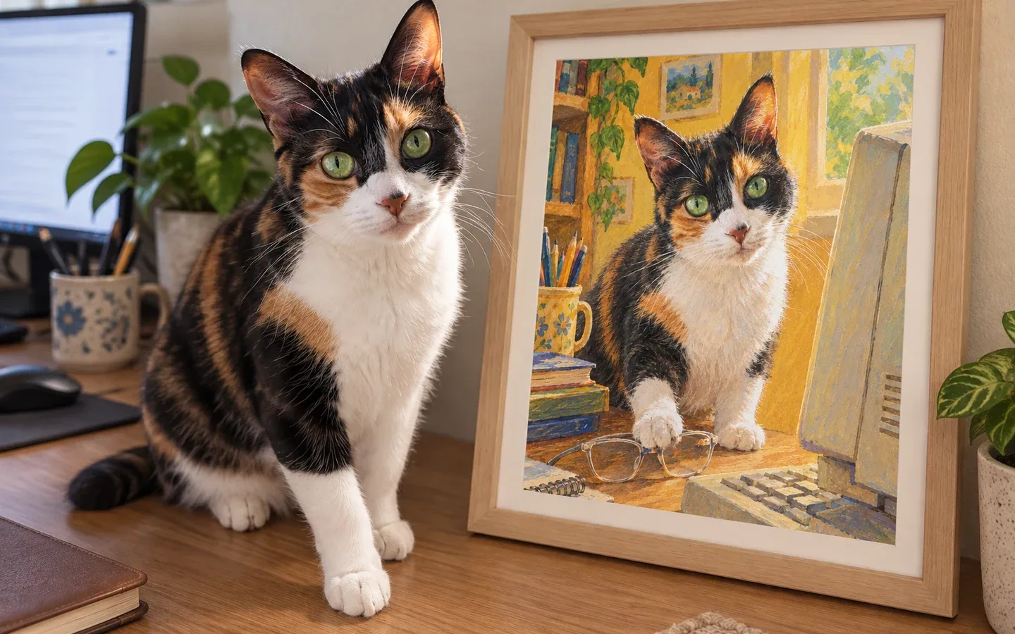 calico cat beside its framed portrait in a home display