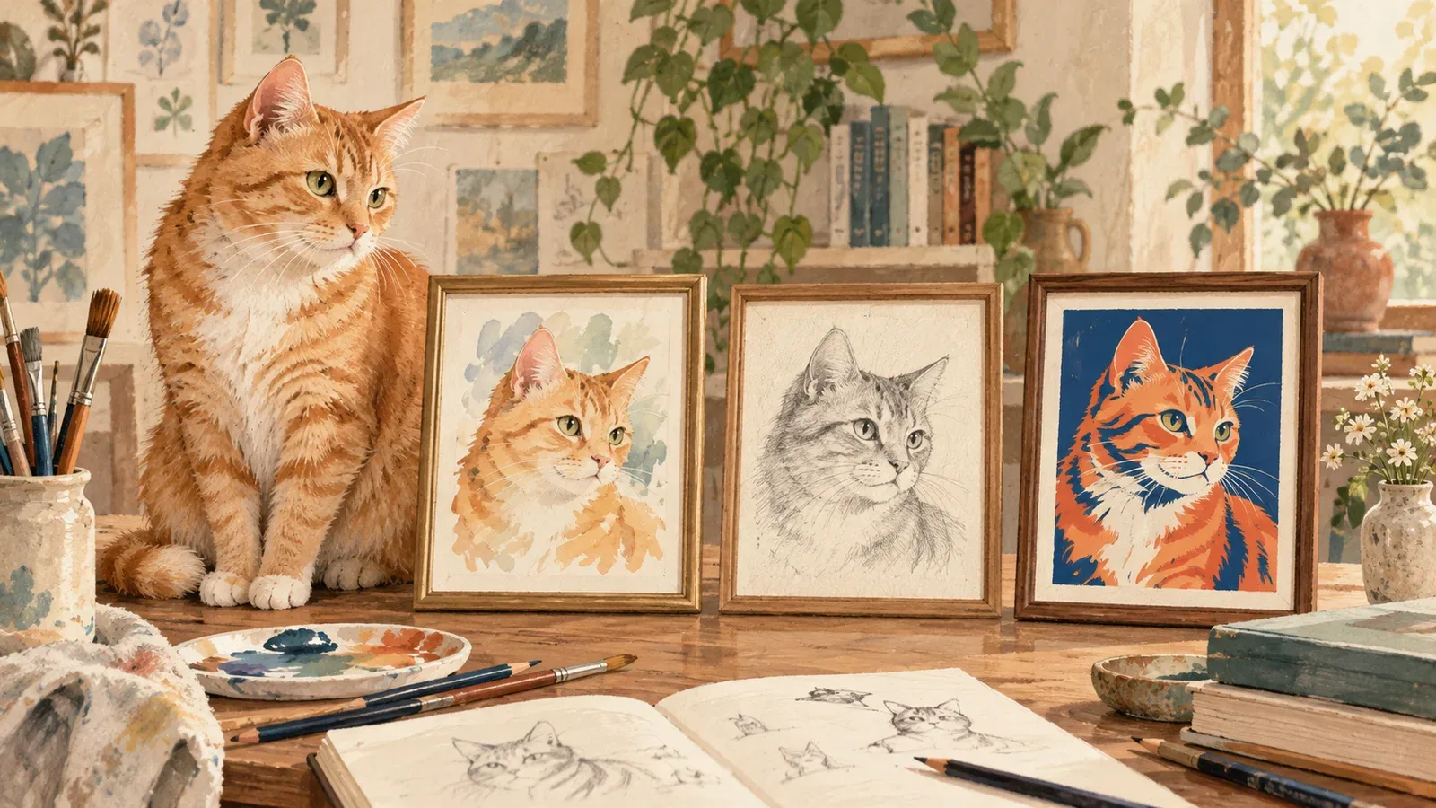 An orange cat beside framed watercolor, pencil and graphic interpretations of a cat portrait.