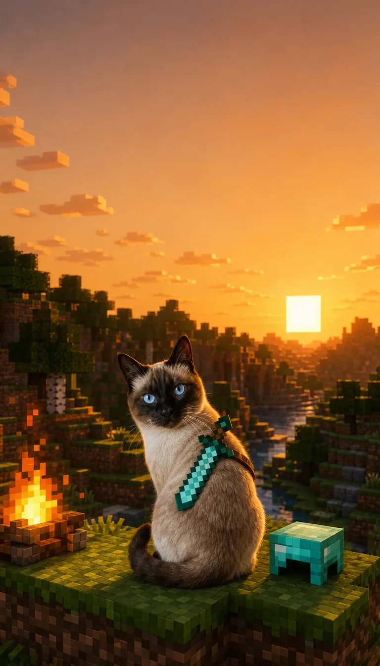Your naturally furry cat watches a glowing campfire in a block-built sunset landscape. of the same seal-point siamese