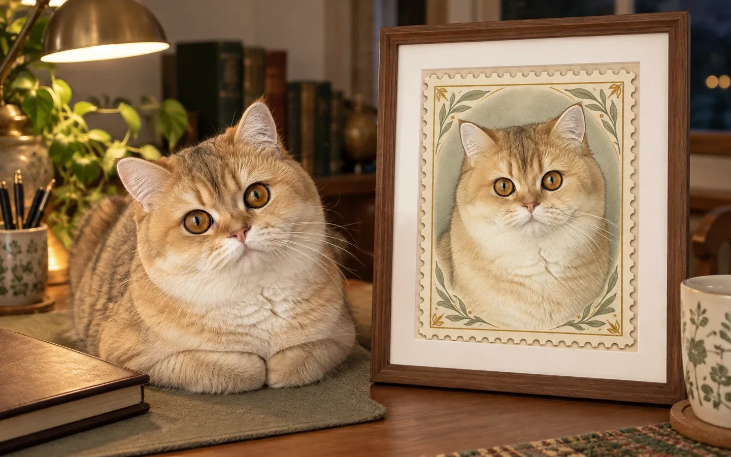 golden British Longhair cat beside its framed portrait in a home display
