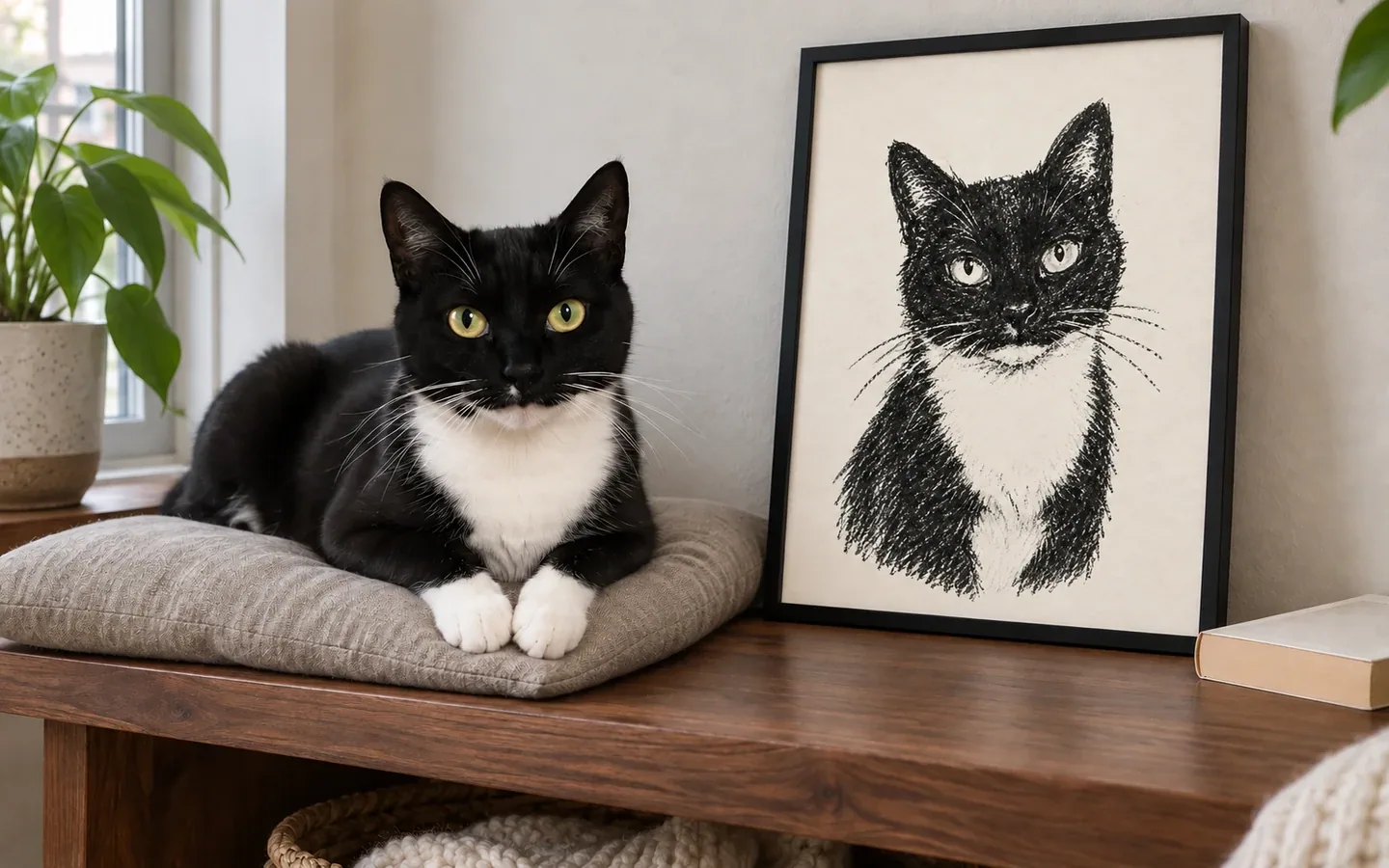 black-and-white tuxedo cat beside its framed portrait in a home display