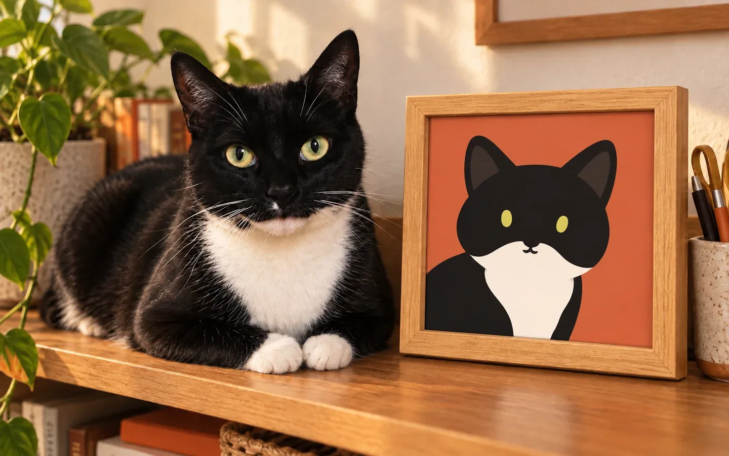 black-and-white tuxedo cat beside its framed portrait in a home display