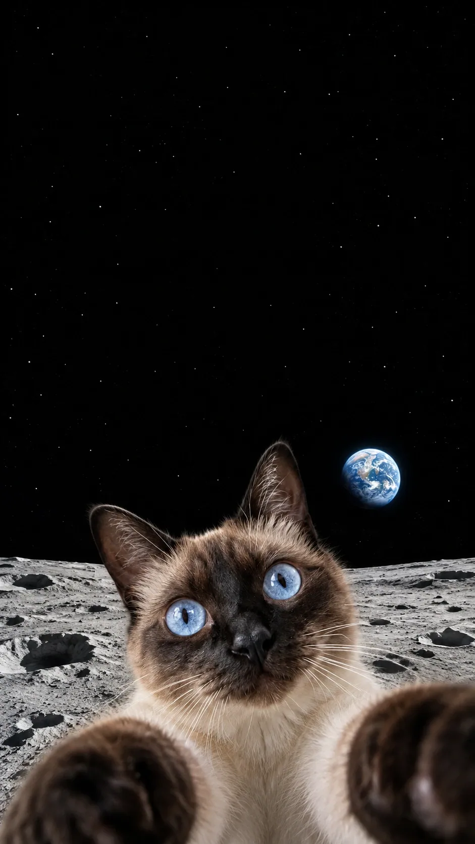 Your cat gazes upward in a close lunar selfie with two paws reaching toward the lens. of the same seal-point siamese