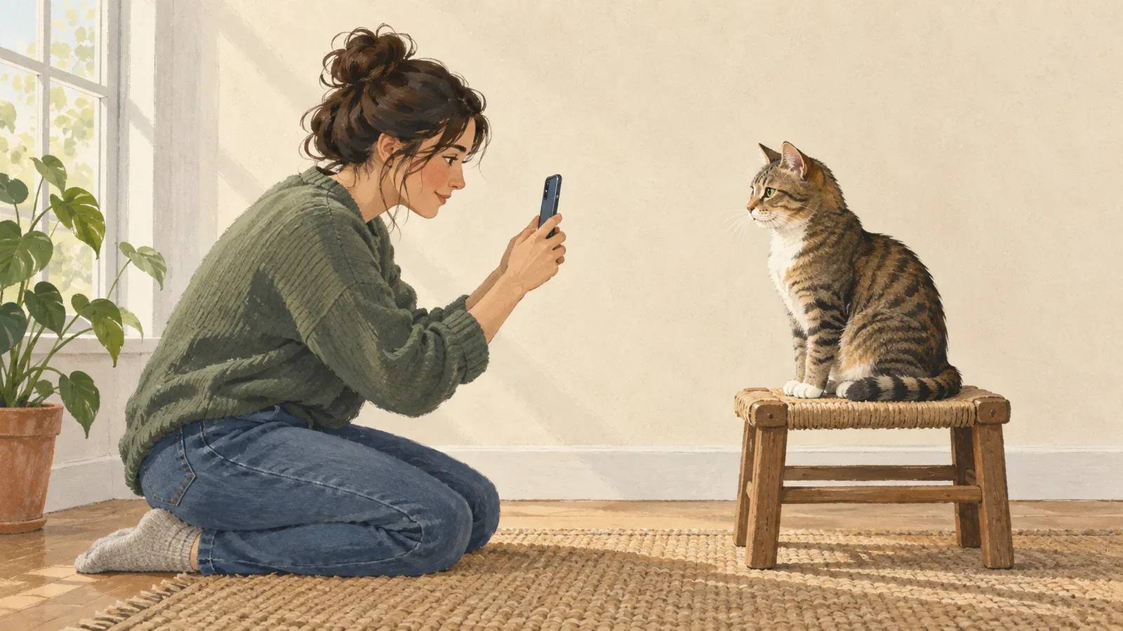 A person photographs a tabby at eye level with soft window light coming from behind the camera.