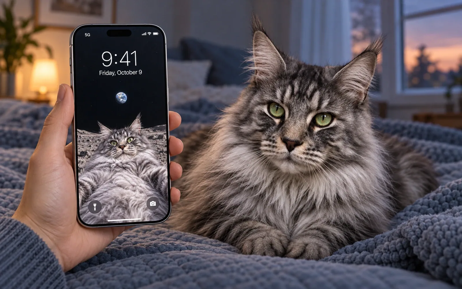 A hand-held iPhone displaying moon belly selfie cat wallpaper beside the same real cat in a slate-blue bedroom with a soft quilt and dusk window light