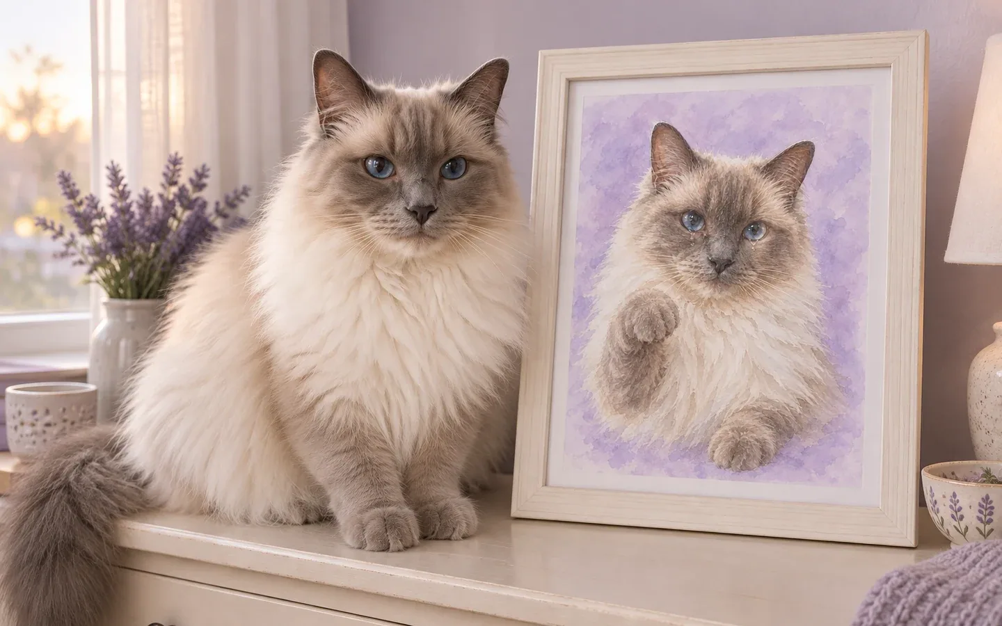ragdoll cat beside its framed portrait in a home display
