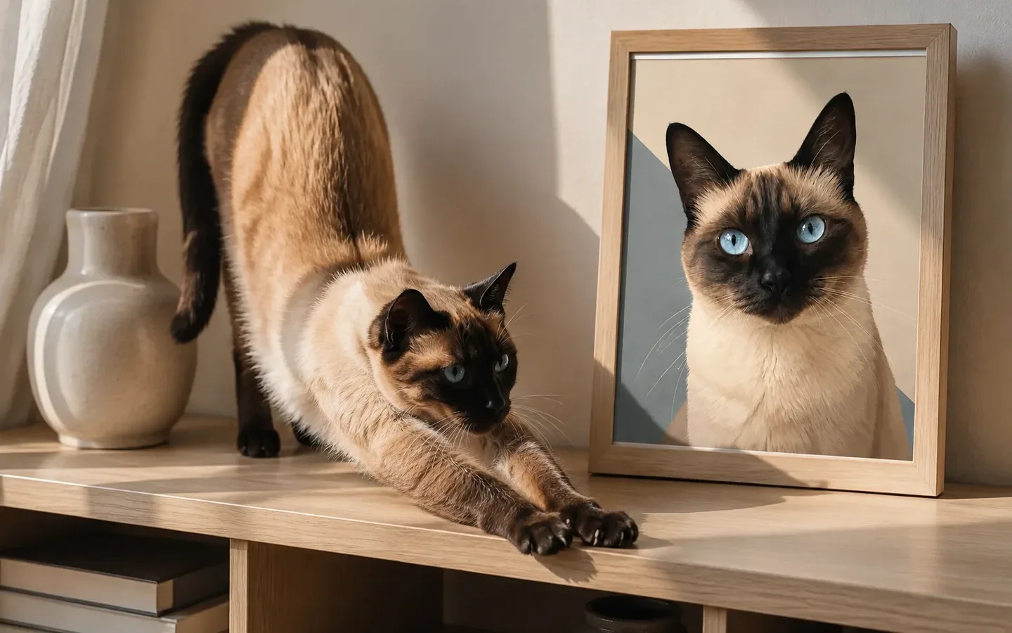 seal-point Siamese cat beside its framed portrait in a home display