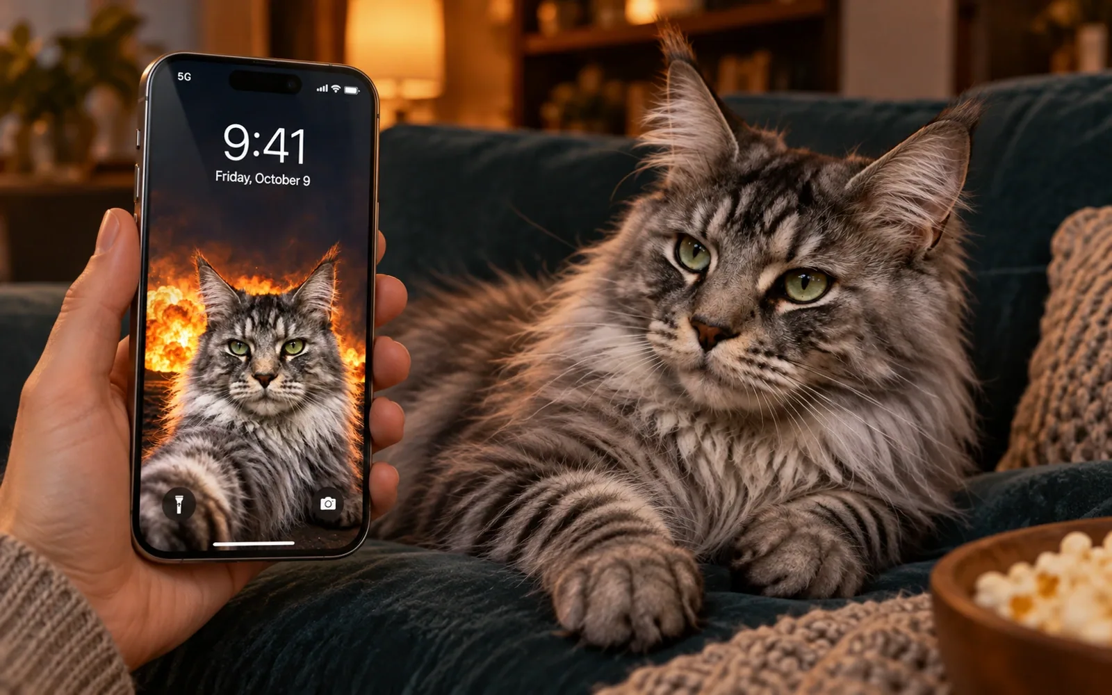 A hand-held iPhone displaying unbothered explosion cat wallpaper beside the same real cat in a cozy home movie room with amber lamplight and a dark teal sofa
