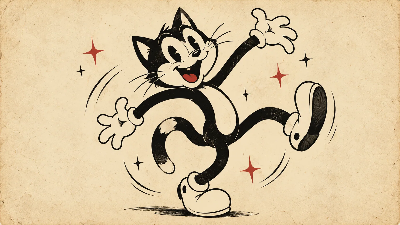 An expressive black-and-cream cartoon cat dances with curved limbs, white gloves and oversized shoes.