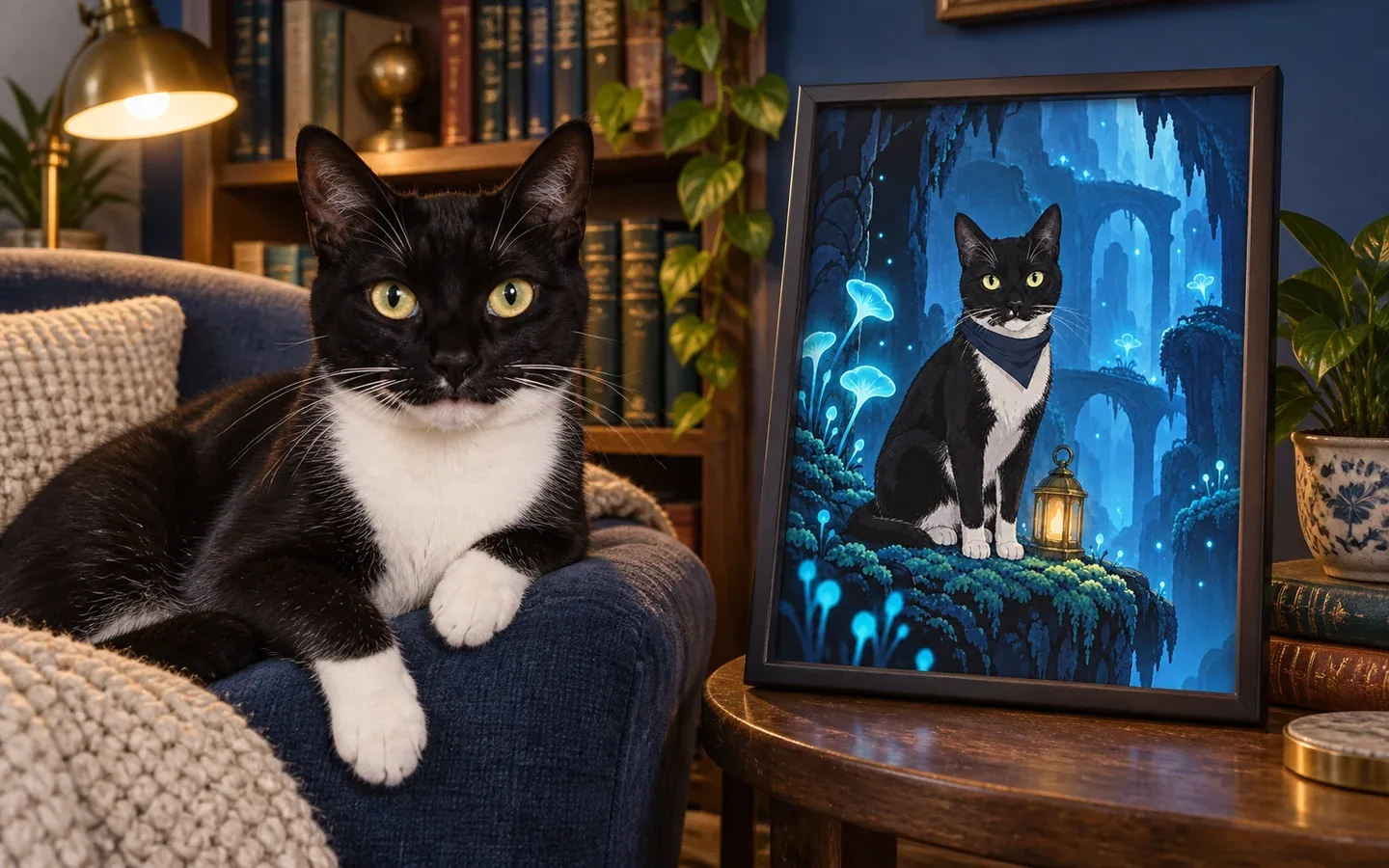 tuxedo shorthair cat beside its framed portrait in a home display