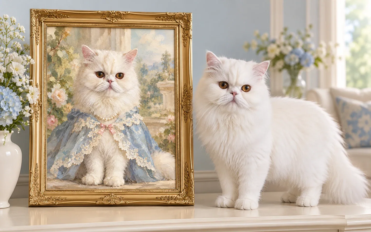 The same white persian in a natural home pose beside its framed rococo countess cat portrait