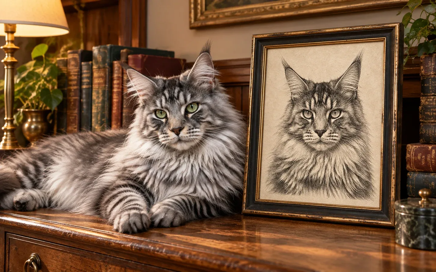 silver tabby Maine Coon cat beside its framed portrait in a home display