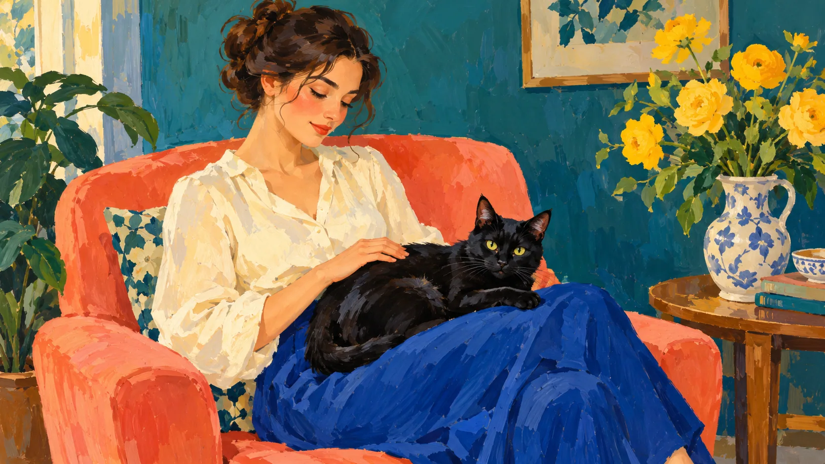 Matisse and Cats: Start With Marguerite au chat noir An original Fauvist-inspired illustration of a woman holding a black cat