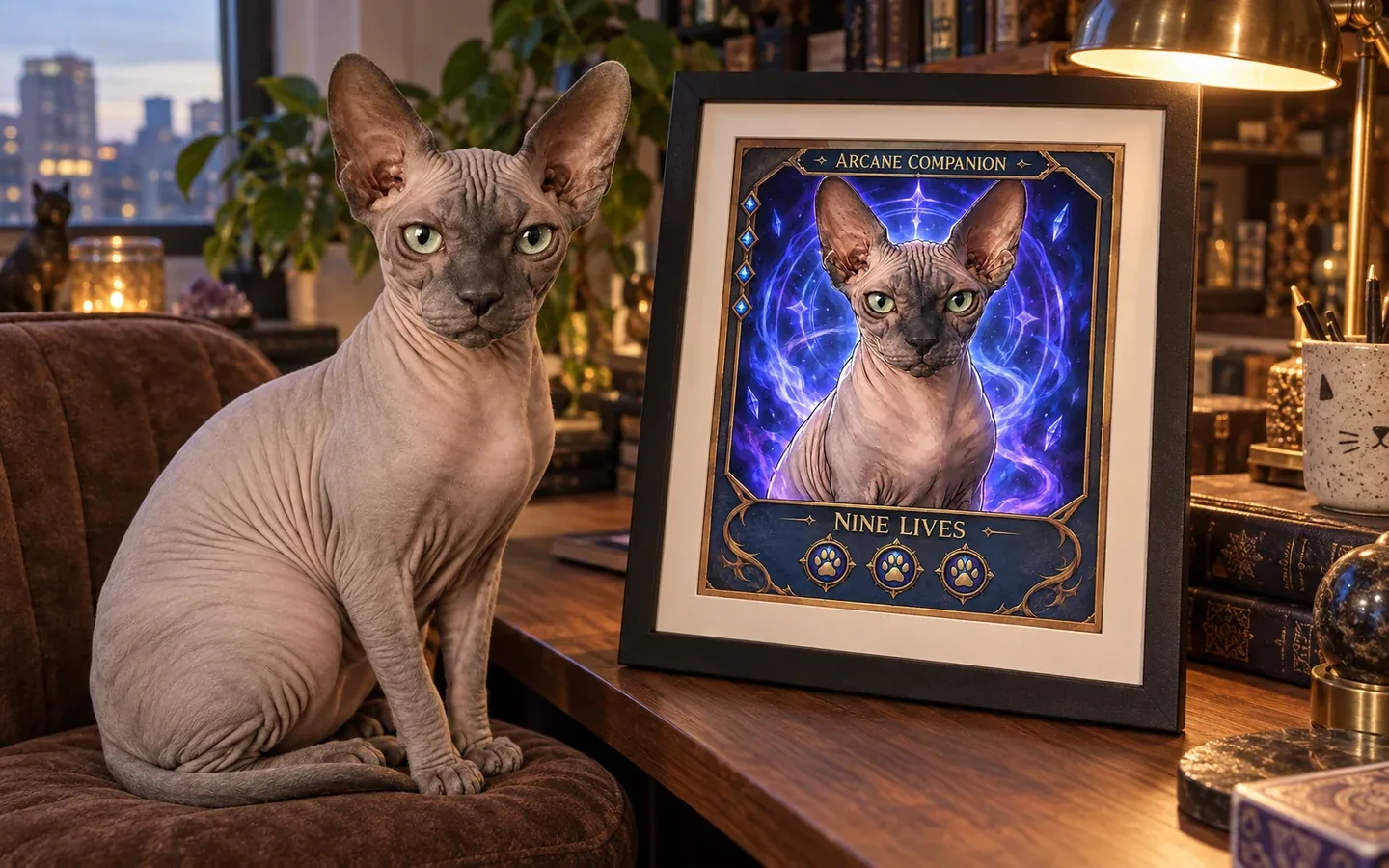 gray Sphynx cat beside its framed portrait in a home display