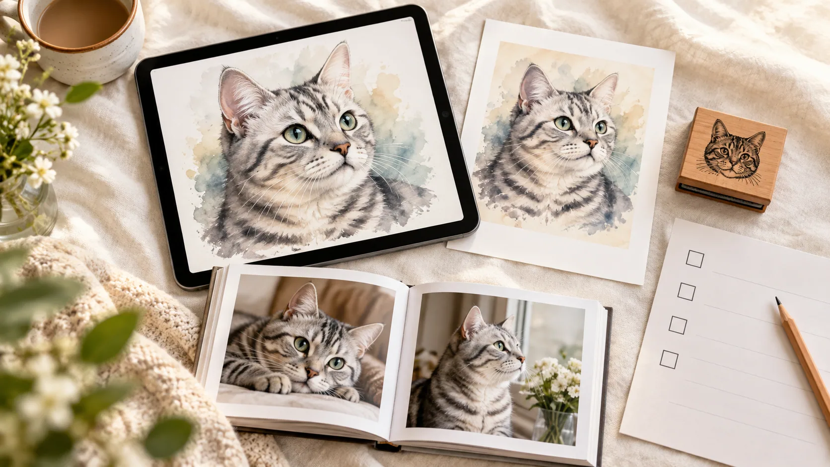 A digital cat portrait, paper print, photo book and stamp sit beside an order checklist.
