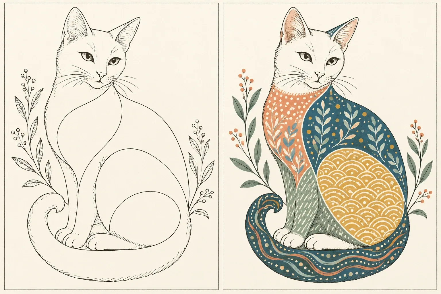 A cat outline with open body sections beside a finished folk-art pattern example.