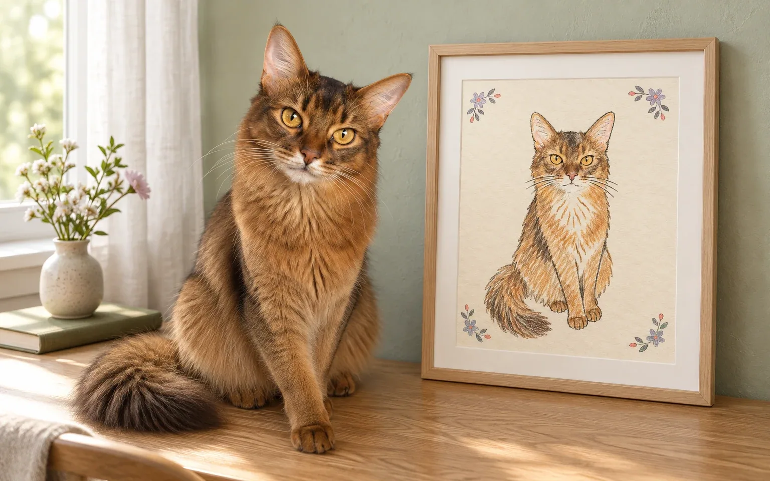 The same red Somali in a natural home pose beside its framed floral corner doodle digital portrait