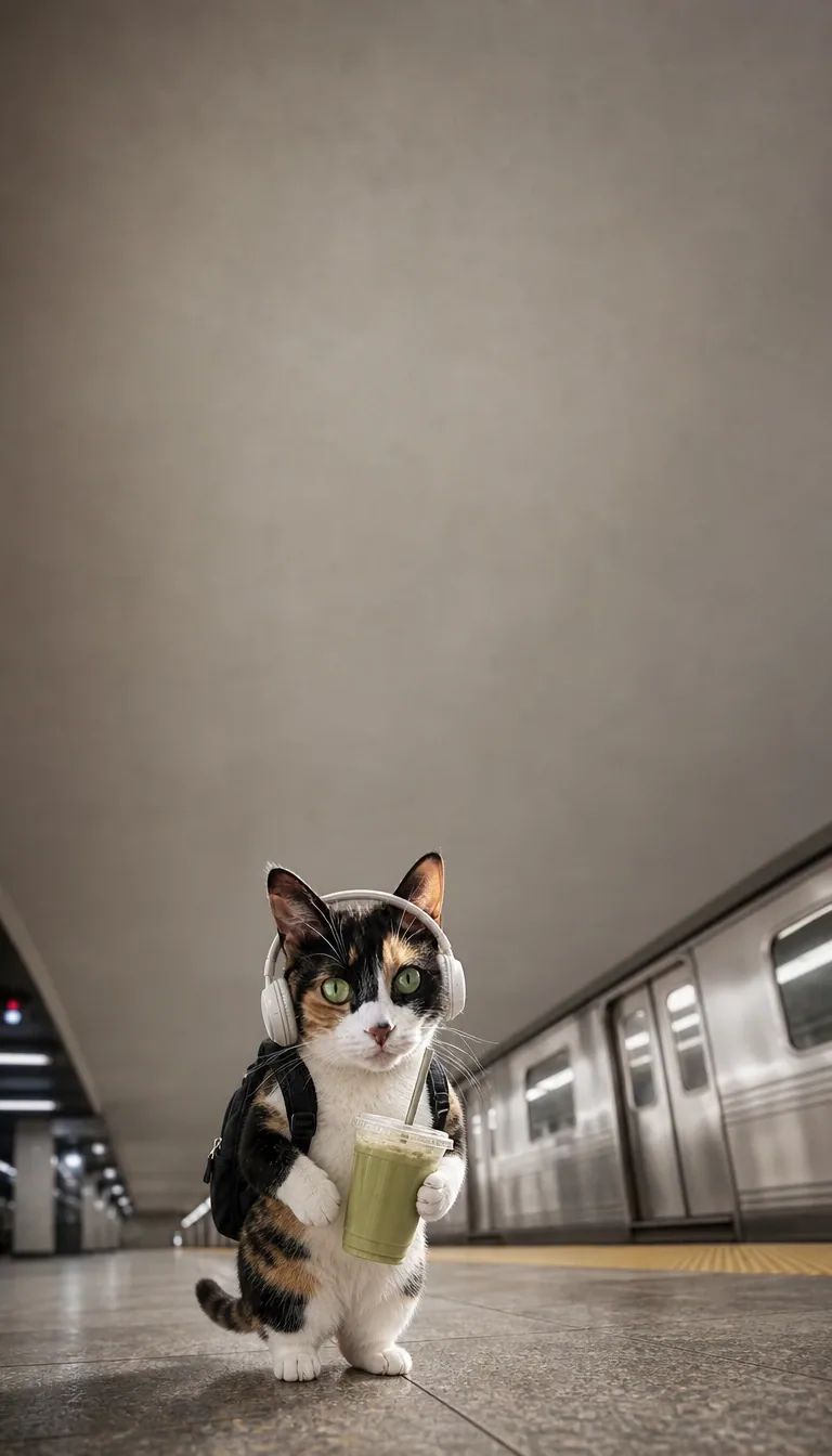 A tiny headphone-wearing cat waits for the train with a backpack and green drink. of the same calico shorthair