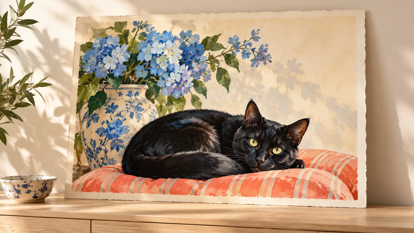 A painterly black-cat and blue-flower print displayed on a pale oak console