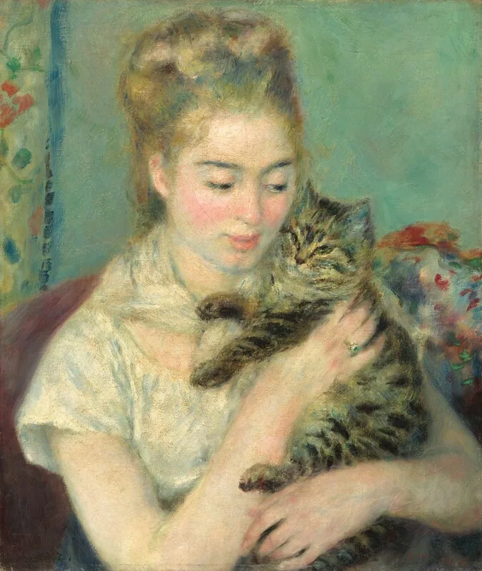 A woman looks down while holding a striped tabby close to her chest in Renoir's Woman with a Cat.