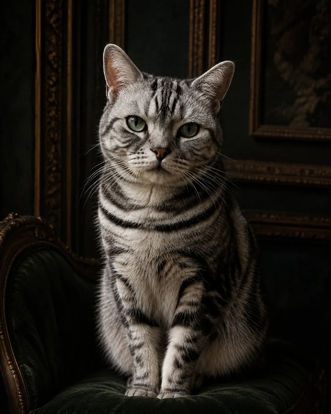 Digital oil-inspired silver tabby portrait used for an appearance comparison.