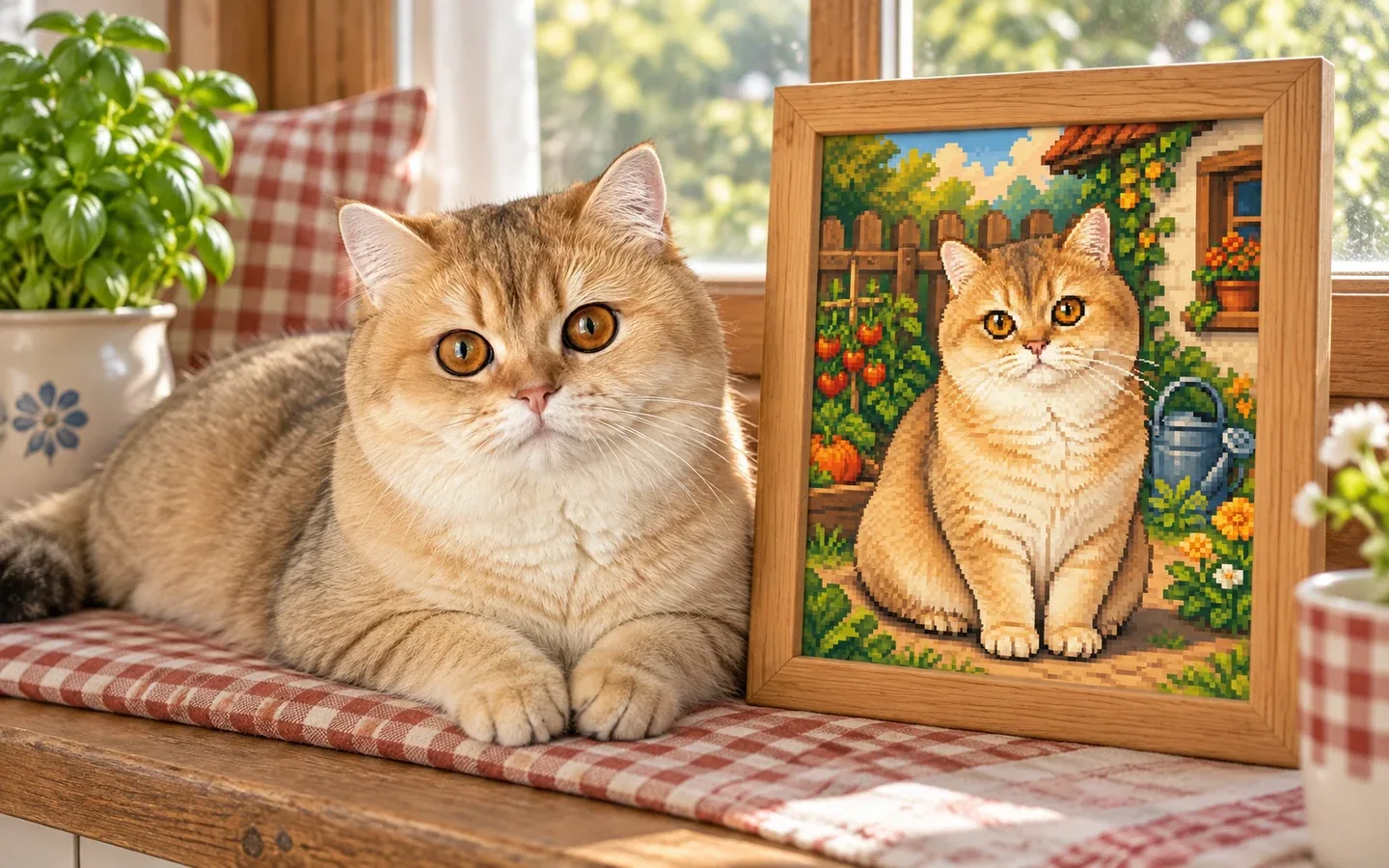 golden British Longhair cat beside its framed portrait in a home display