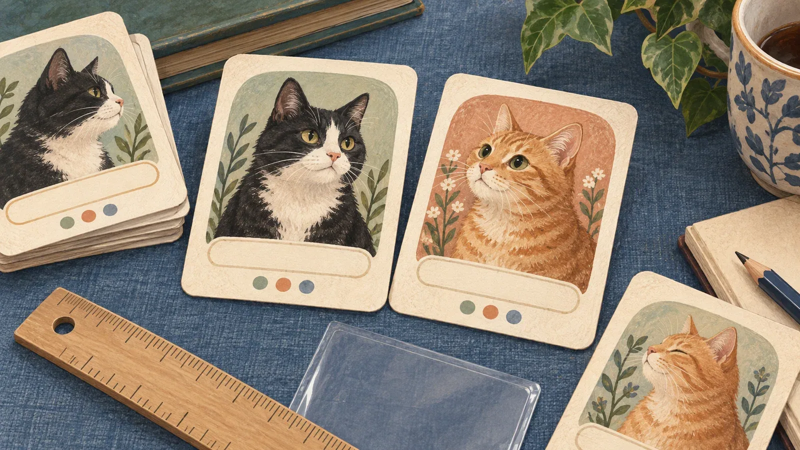 Original cat keepsake card designs with a ruler and sleeve on a craft desk.