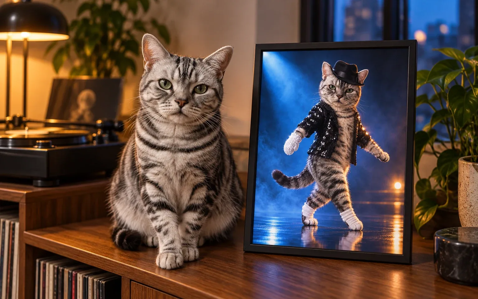 The same silver tabby American Shorthair in a natural home pose beside its framed moonwalk pop star digital portrait