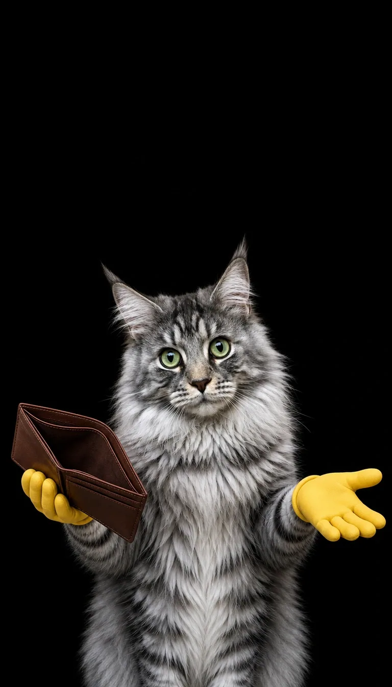 Innocent eyes, an empty wallet, and two bright yellow paw mitts tell the whole story. of the same silver tabby maine coon