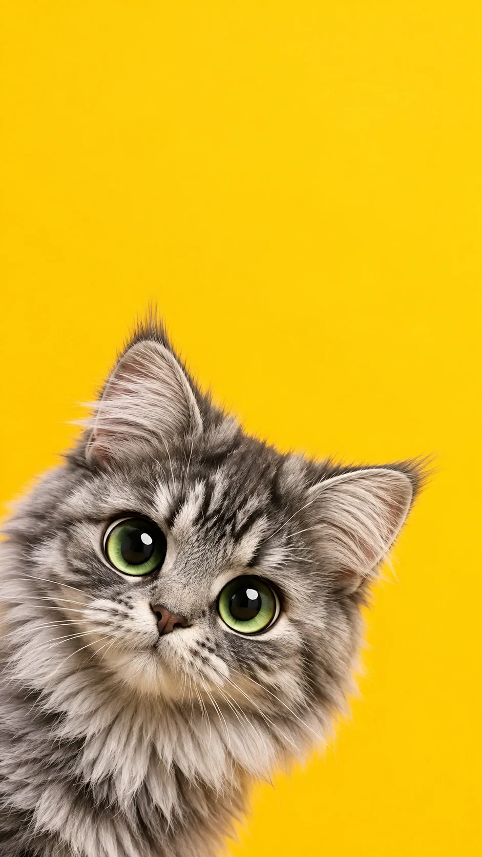 A rounded 3D chibi cat with glossy eyes peeks into a bold yellow field. generated from the same cat photo