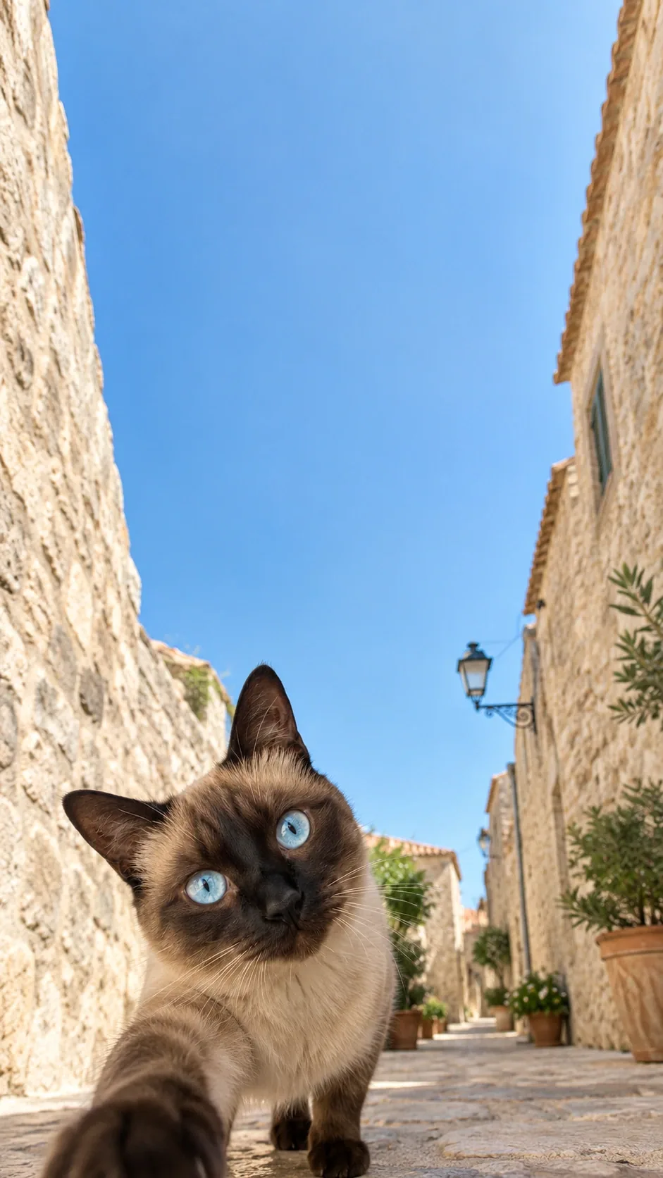 A tilted, wide-eyed cat selfie catches warm stone walls and a slice of blue sky. generated from the same cat photo