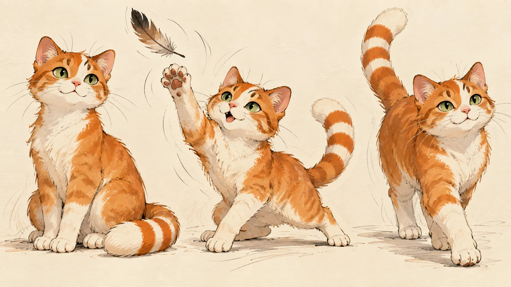 An orange-and-white cat character sits, reaches for a feather and walks, keeping recognizable markings.
