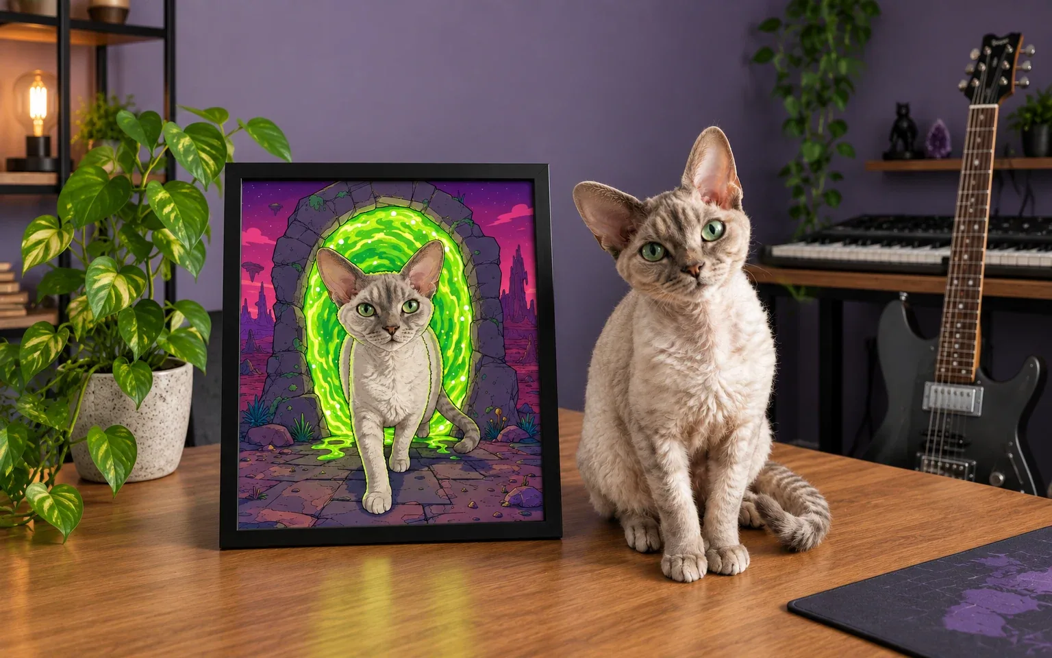 The same cream-gray devon rex in a natural home pose beside its framed green portal adventure cat portrait
